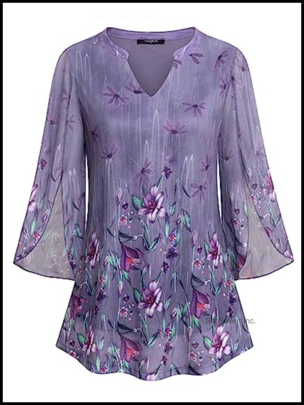 Floral Tunic Top 3/4 Ruffle Sleeve V Neck Mesh Blouse